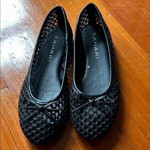 Tahari Black Mesh Bow Ballet Flats